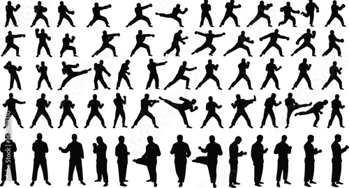 Martial arts silhouette vector, kung fu fighting poses, karate action stances, self defense movement, black athlete figure illustration, combat training design, taekwondo kick elements