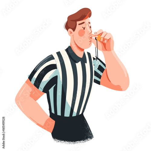 A referee blowing whistle during sports game.