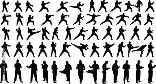 Martial arts vector silhouettes, black combat action poses, karate and taekwondo fighters, self defense training design, athletic stance illustration, kung fu movement elements collection
