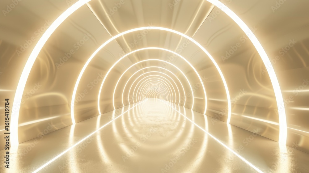 Naklejka premium Abstract background of modern architecture corridor, 3D rendering golden light tunnel with futuristic white neon light wall background.