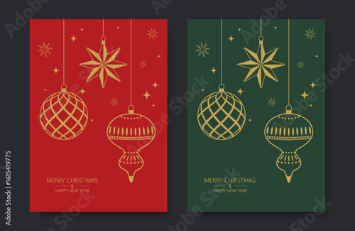 Merry Christmas and Happy New Year! Golden Christmas tree balls, cards, greetings, posters, set of holiday vector illustrations.