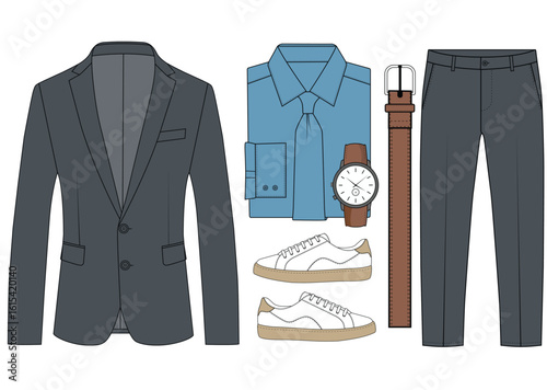 Elegant Male Outfit Collection - Blazer, Loafers, Trousers, and Accessories vector Illustration	