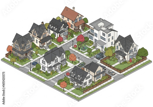 Isometric Residential Neighborhood – Houses & Streets Urban Design Vector Illustration