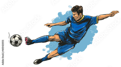 A Soccer player kicking a ball during a match.