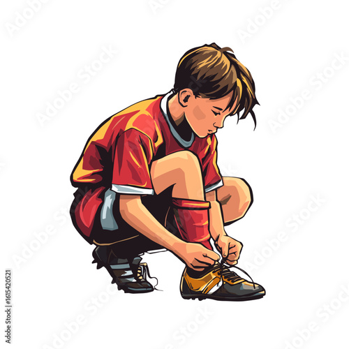 Young Soccer Player tying his shoes, ready for the game.