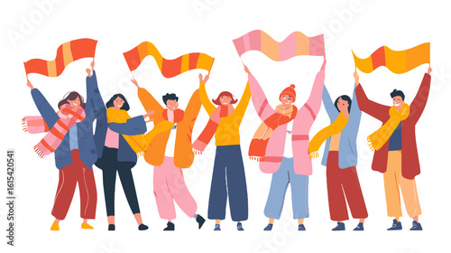 Illustration of a group of people cheerfully waving their scarves.