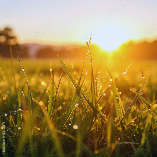 Sun-Kissed Dewdrops on Dawn Meadow Grass