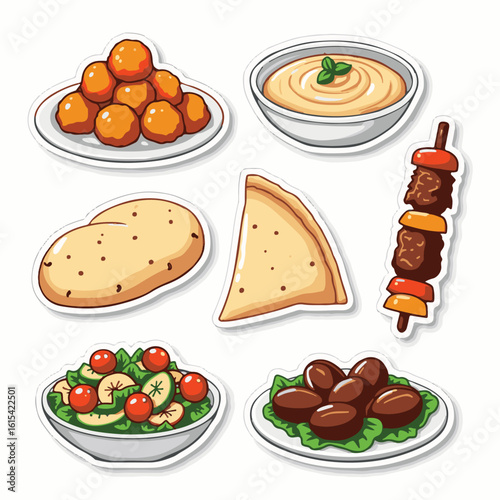 Vector Stickers of Falafel, Hummus, Pita, Kebab and Tabbouleh ? Middle Eastern Food Icons (2).eps
