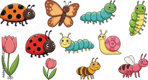 Cute cartoon insects and flowers illustration, ladybug, butterfly, caterpillar, bee, snail, ant, spring garden, children friendly animal design