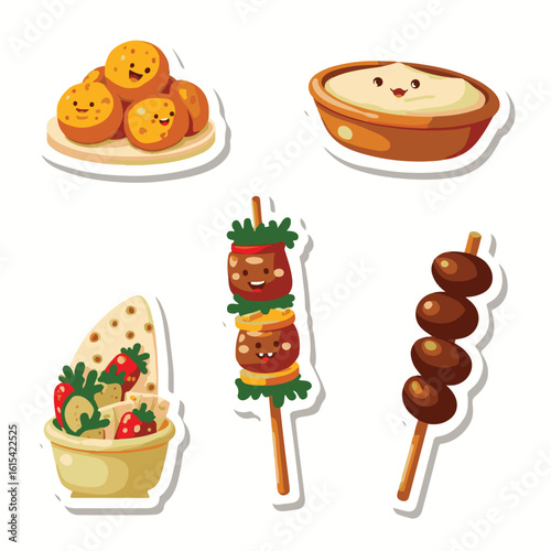 Vector Stickers of Falafel, Hummus, Pita, Kebab and Tabbouleh ? Middle Eastern Food Icons (3).eps