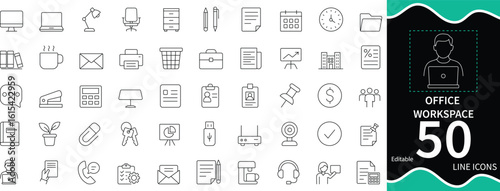  Office workspace icon set in clean line style. Includes icons for remote work, co working, meetings, computer, desk, business, and more. Perfect for office apps, websites, and team platforms.