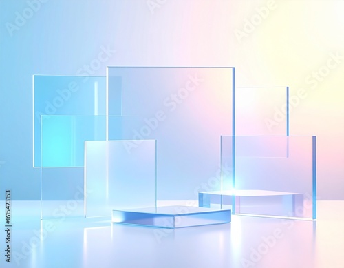 3d render round platform on water with glass wall panels. Minimal landscape mockup for product showcase banner in rainbow colors. Modern design promotion mock up. Geometric background with empty