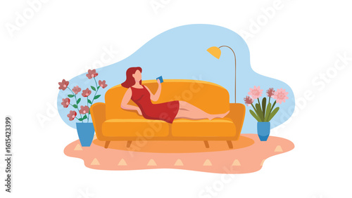 Woman in red dress relaxing on a yellow couch while looking at a phone in a cozy living room