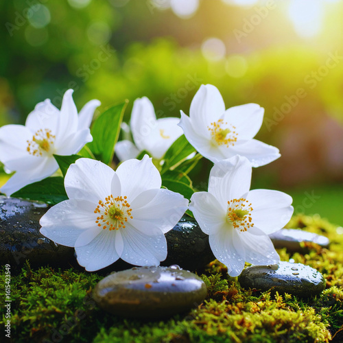 Tranquil Rock Garden with Dewy White Petals