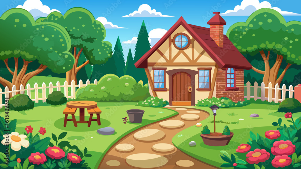 Naklejka premium Vector art of a quaint cartoon cottage with a stone path leading through a garden with flowers, trees, and a white picket fence