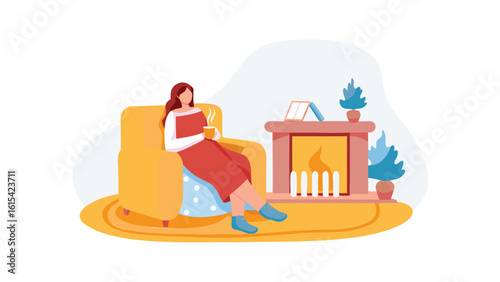 Woman relaxing in armchair with a cup near fireplace with plants and a book on the mantel at home