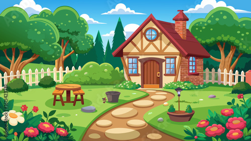 Vector art of a quaint cartoon cottage with a stone path leading through a garden with flowers, trees, and a white picket fence