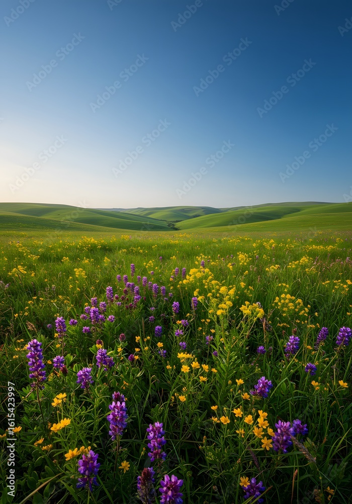 Obraz premium Rolling hills and wildflowers under clear blue sky