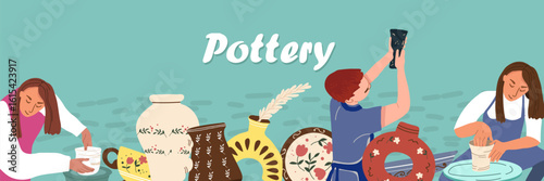 Seamless border, background, potter, hand drawn art, vector illustration.