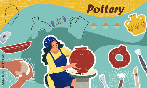 Pottery collage. Hand drawn vector illustration.