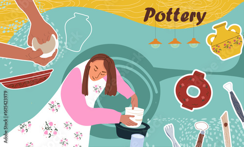 Pottery collage. Hand drawn vector illustration.