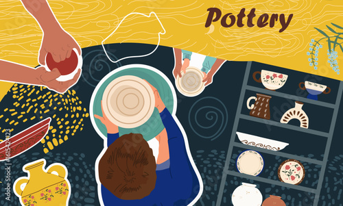Pottery collage. Hand drawn vector illustration.