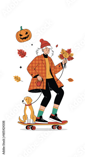 A stylish person enjoys an autumn skateboarding adventure with their beloved canine companion amongst falling leaves and pumpkins