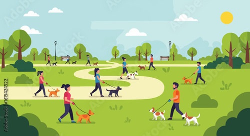 Minimalist Vector SVG Illustration of Dog Walkers in Park with Trees and Path in Flat Design Style