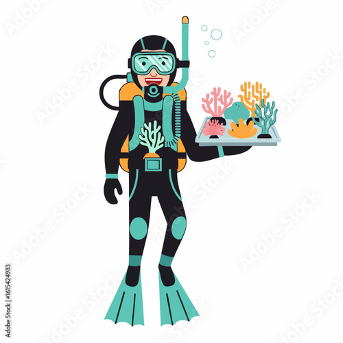 Vector SVG Illustration of Scuba Diver with Coral Reef in Modern Flat Style for Marine Life Digital Art