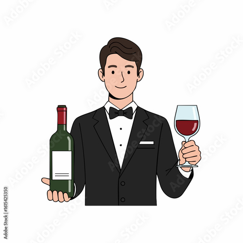 Vector SVG Illustration of Man in Tuxedo Holding Wine Bottle and Glass Modern Flat Design with Elegant Style and Neutral Colors for Beverage and Hospitality Industry