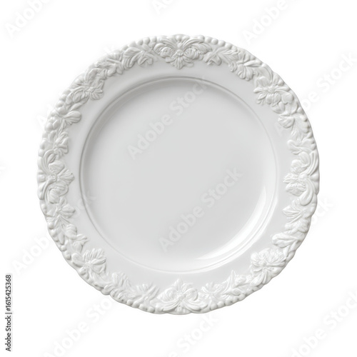 Elegant white ceramic dinner plate with intricate embossed floral rim isolated on transparent background