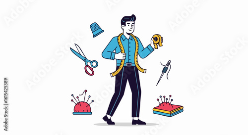Modern Vector SVG Illustration of a Tailor with Scissors Measuring Tape and Sewing Tools in Flat Style with Bright Colors