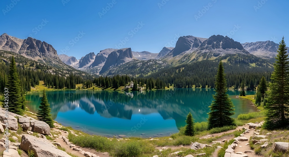 Fototapeta premium Scenic mountain lake with reflections and evergreen trees under clear blue sky landscape