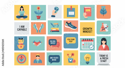 Vector SVG Illustration Set of Motivational Icons with Modern Flat Design in Bright Colors for Web and App Usage