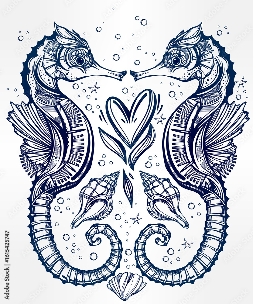 Obraz premium Vector seahorse with heart line art.
