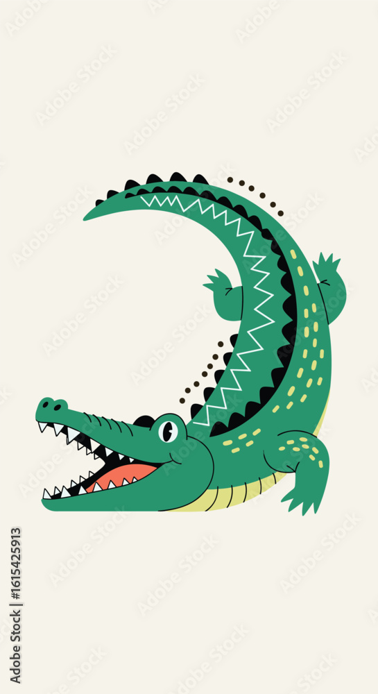 Fototapeta premium Playful green alligator with open mouth and detailed scales illustration on light cream background