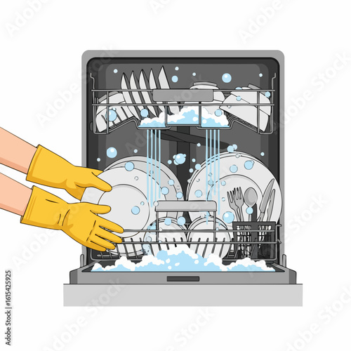 Flat Vector SVG Illustration of Dishwashing Scene with Plates and Cutlery in Modern Minimalist Style Featuring Bright Colors and Symmetrical Composition