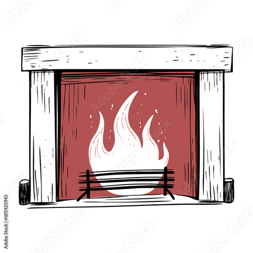 Fireplace illustration in hand drawn sketch style with black outline for cozy atmosphere