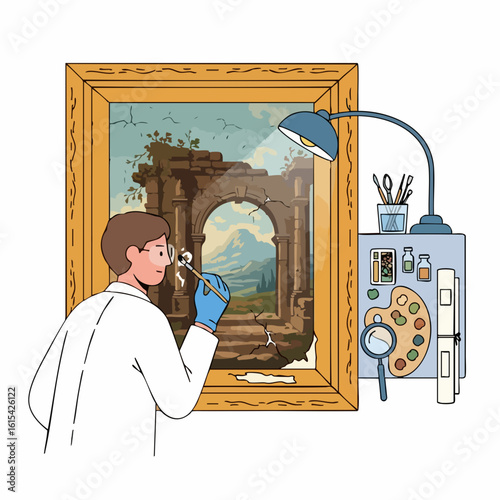 Detailed Vector SVG Illustration of Art Restoration Scene with Artist and Canvas in Modern Flat Style with Natural Colors