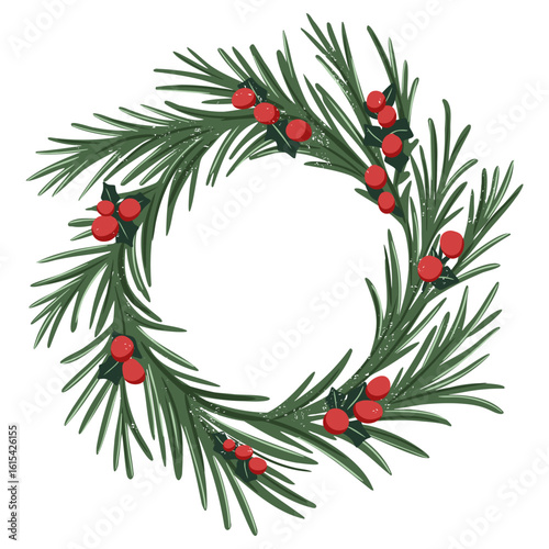 Christmas wreath with berries. Hand drawn winter decor in flat style for holiday and seasonal design