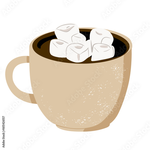 Hot drink with marshmallows. Cozy hand drawn cup illustration for holiday design and greeting cards