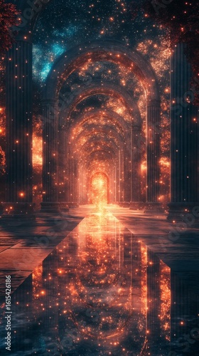 Arched Hallway with Celestial Lights and Reflections