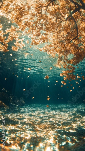 Underwater View with Falling Leaves and Sunlight Streaming Through Water
