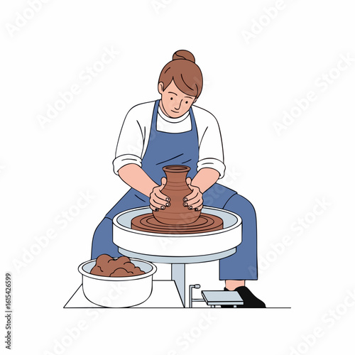Professional Vector SVG Illustration of a Woman Pottery Maker with Clay on a Wheel in Minimalist Flat Design Style Featuring Earth Tone Colors