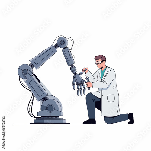 Professional Vector SVG Illustration of Scientist and Robotic Arm in Flat Modern Style in Blue and Gray Colors for Scientific Research and Technology Applications
