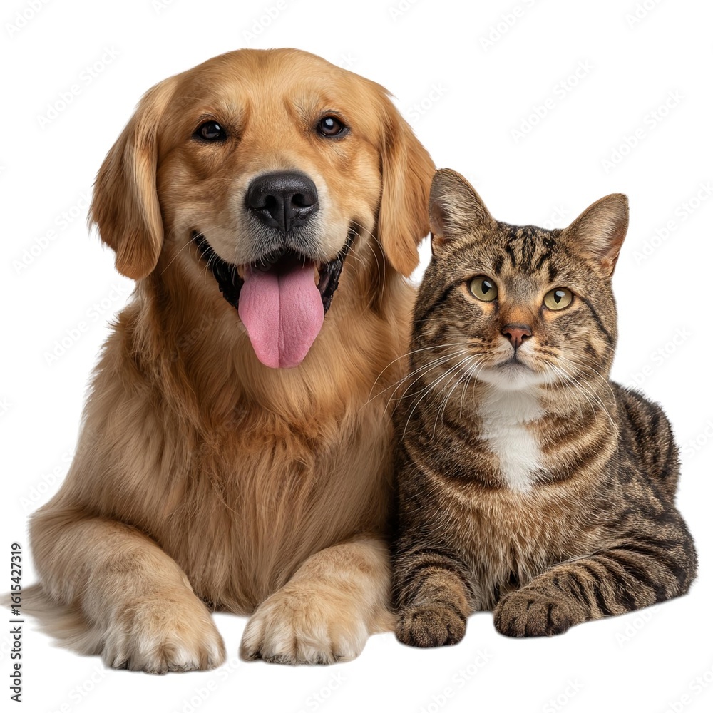 Fototapeta premium Photo of a golden retriever dog and a tabby cat are posing together as best friends in a studio setting