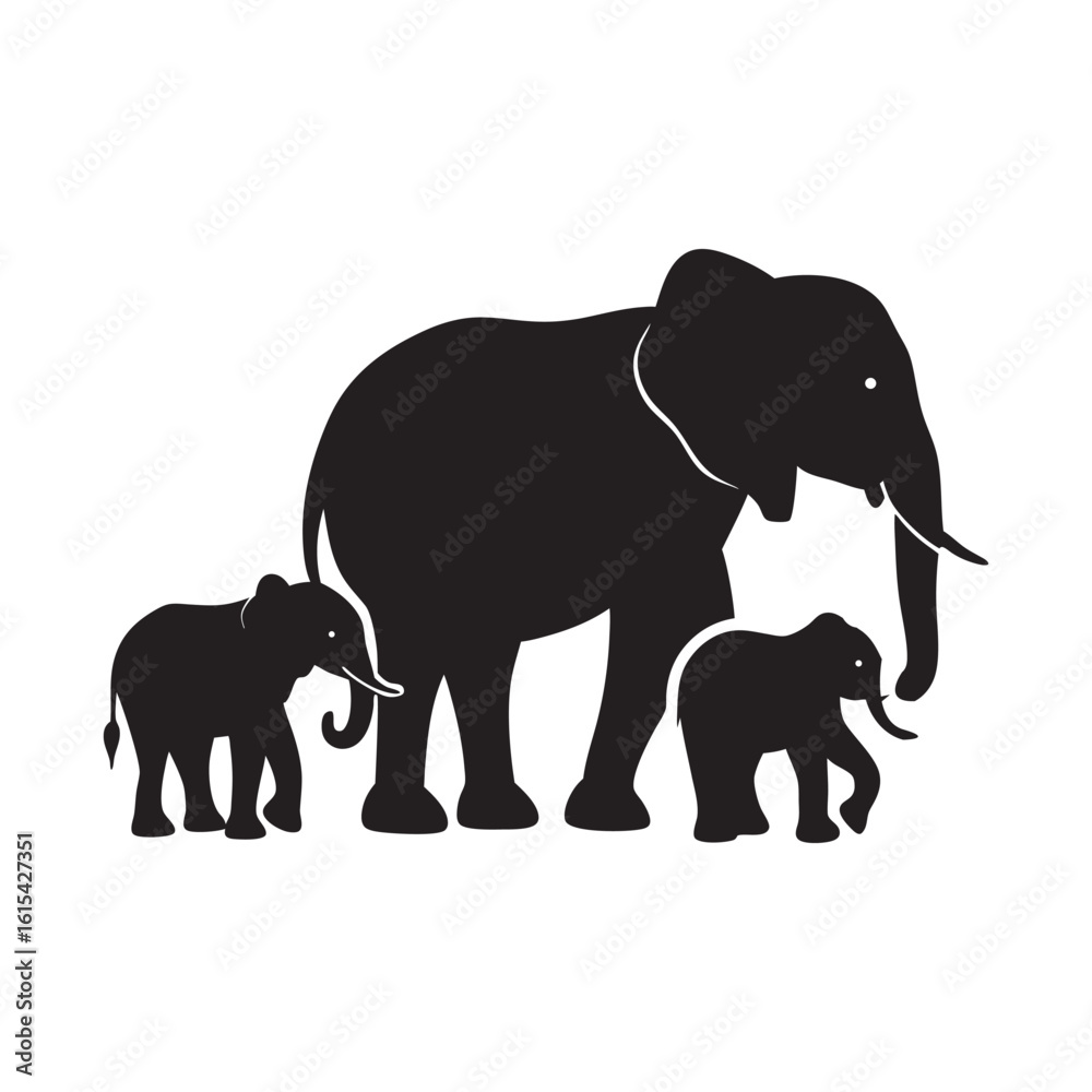 Fototapeta premium Elephant Family With Young Calf Silhouette