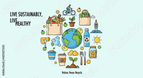 Wallpaper Mural Minimalist Vector SVG Illustration of Eco Sustainability with Globe Plants Reuse Recycle Symbols and Green Lifestyle Elements in Flat Design Torontodigital.ca