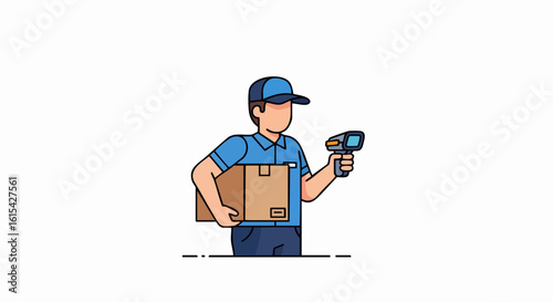 Vector SVG Illustration of Delivery Person Holding Scanner with Package in Flat Modern Style featuring Blue and Brown Colors for Web and Mobile Applications