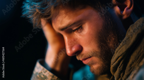 Exhausted Soldier in Grief with Supportive Companion